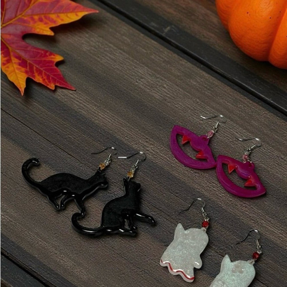 Hand Crafted Black Cat and White Ghost Earrings